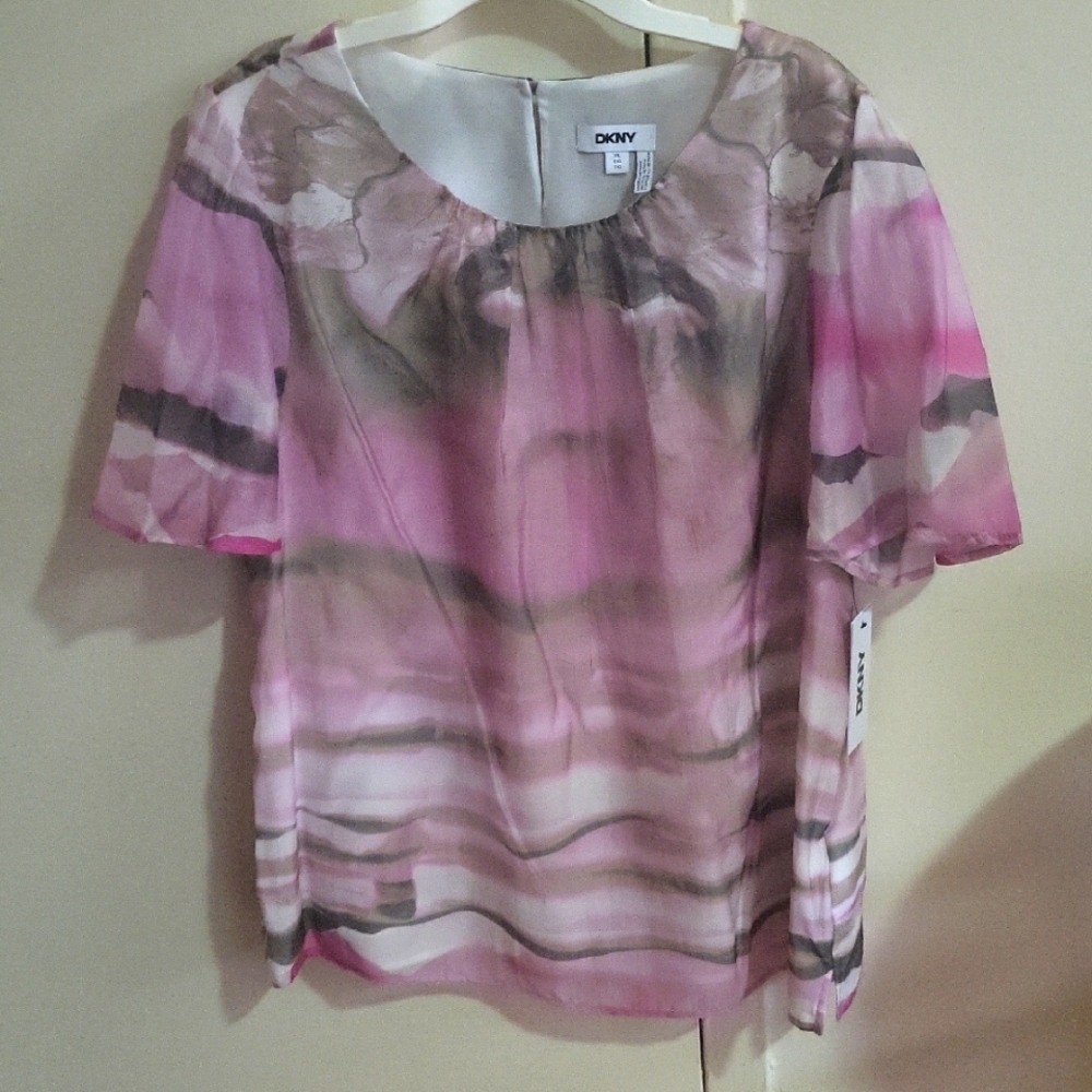 DKNY Sheer Pink & Taupe Abstract Blouse - Size XL
